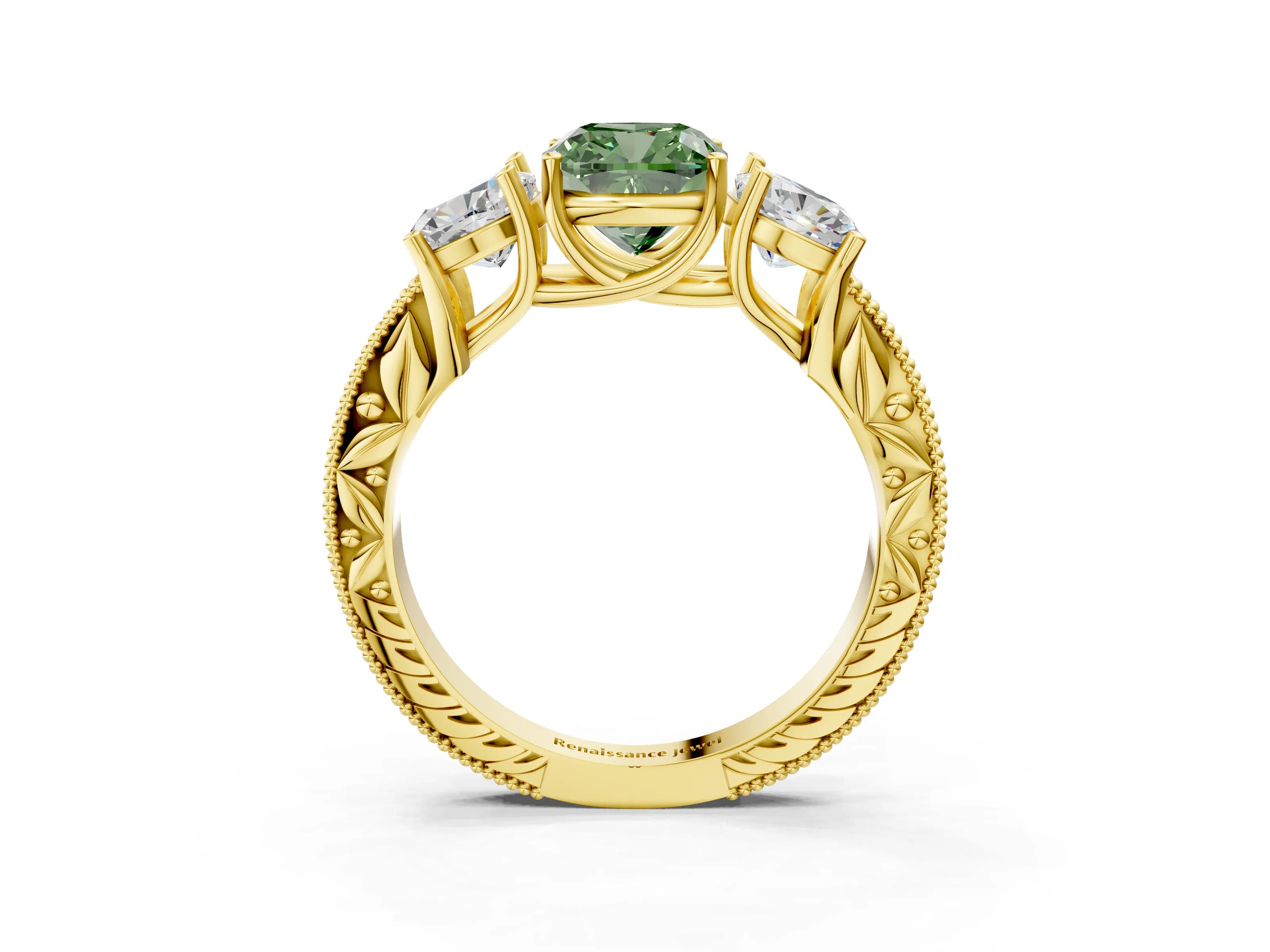 Yellow gold Three-Stone Fancy Green Cushion Cut Cut Milgrain Pavé Engagement Ring_15
