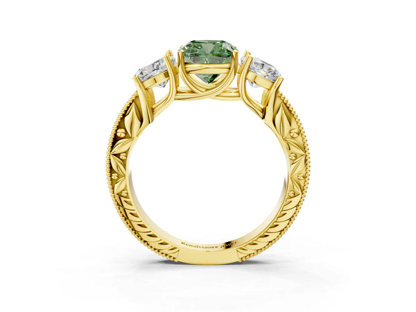 Yellow Gold Cushion Cut Engraved Three Stone Engagement Ring Setting for Fancy Green Center