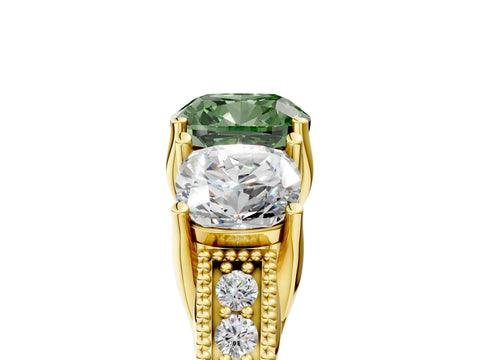 Yellow gold Three-Stone Fancy Green Cushion Cut Cut Milgrain Pavé Engagement Ring_17