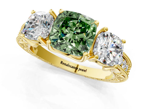 Yellow gold Three-Stone Fancy Green Cushion Cut Cut Milgrain Pavé Engagement Ring_1