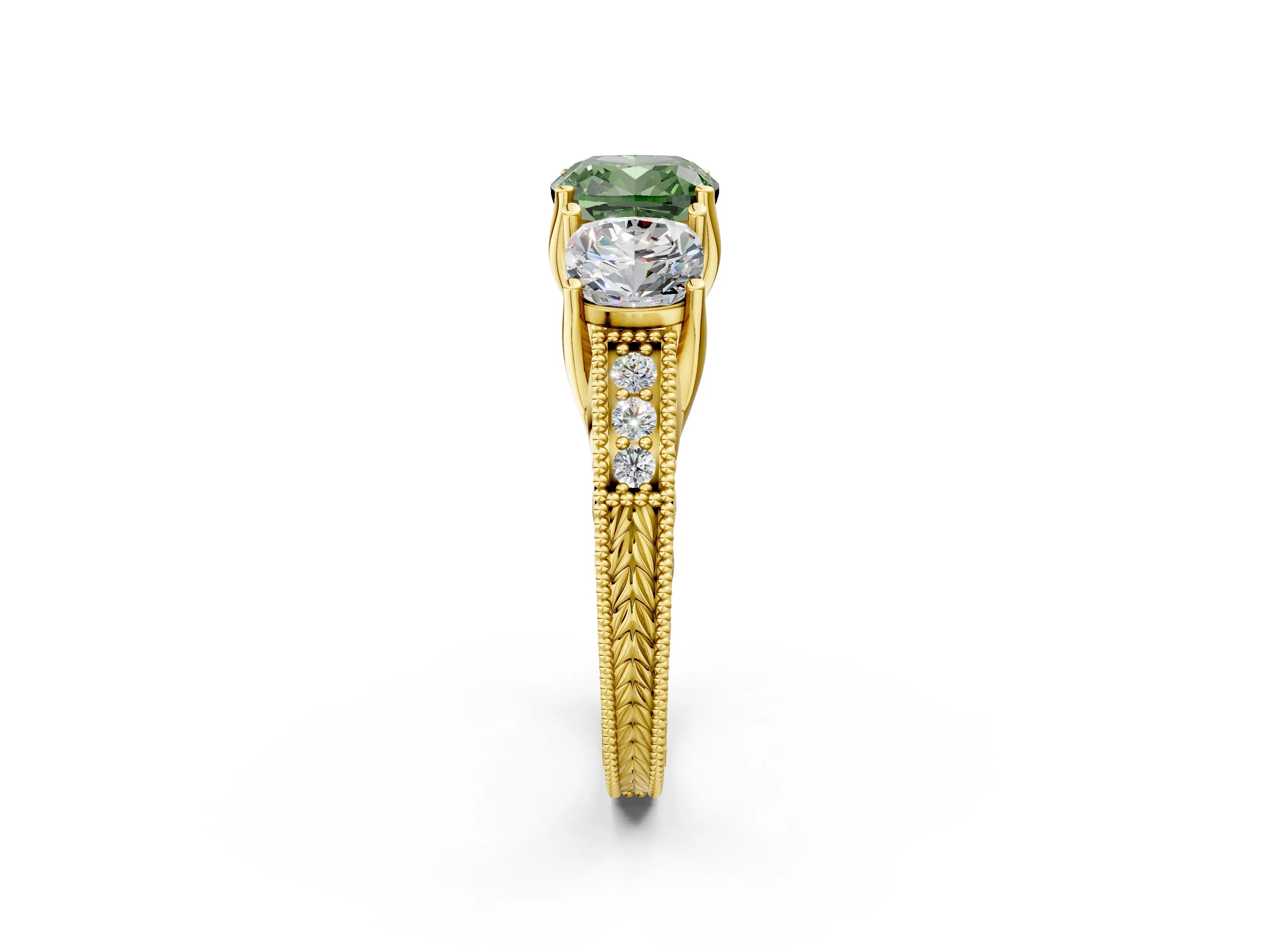 Yellow gold Three-Stone Fancy Green Cushion Cut Cut Milgrain Pavé Engagement Ring_2