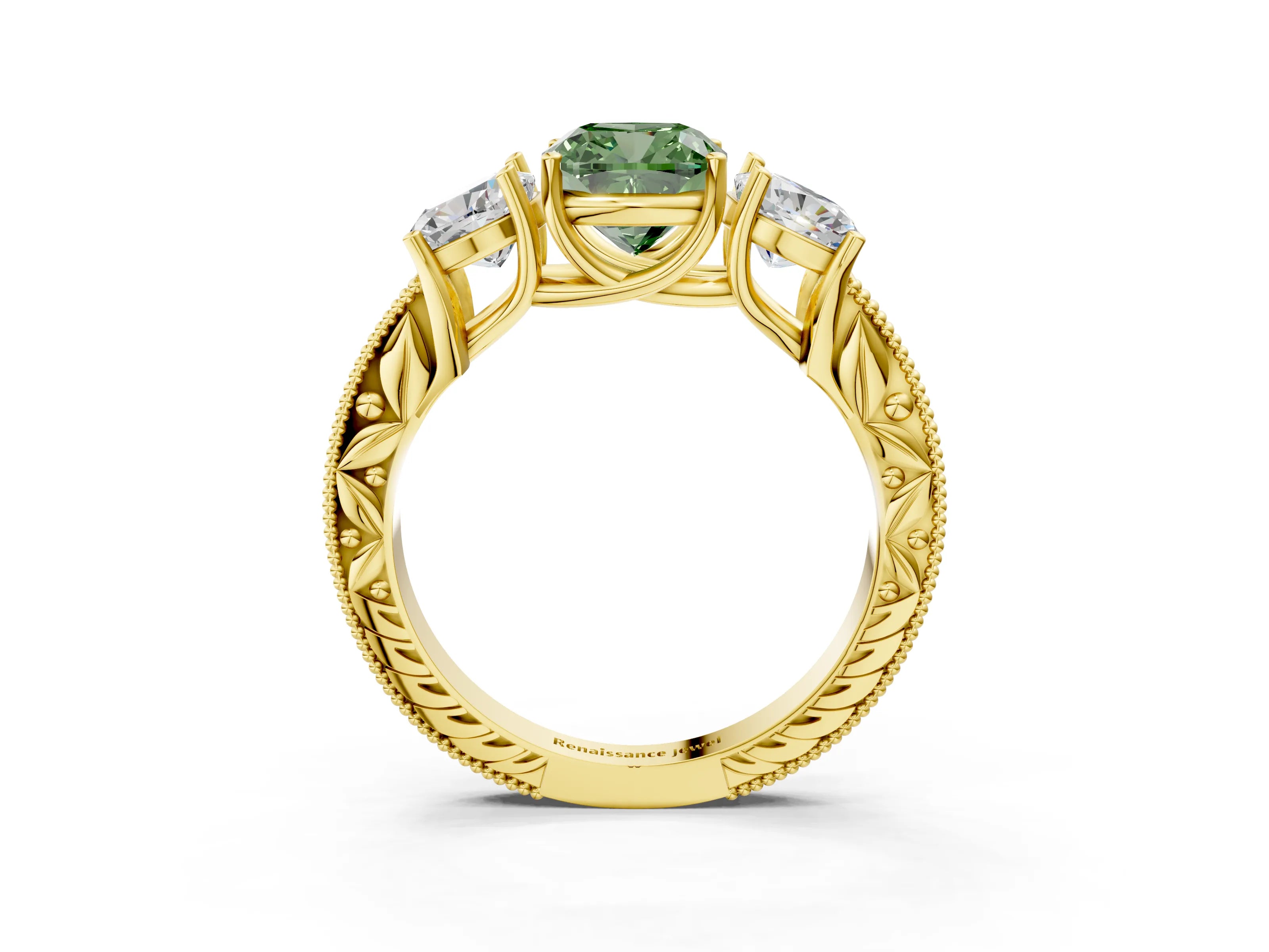 Yellow gold Three-Stone Fancy Green Cushion Cut Cut Milgrain Pavé Engagement Ring_3