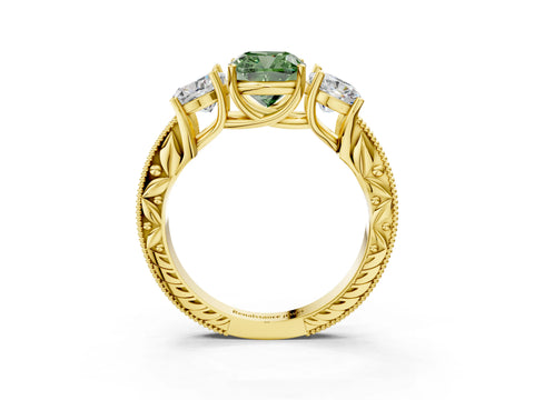 Yellow gold Three-Stone Fancy Green Cushion Cut Cut Milgrain Pavé Engagement Ring_3