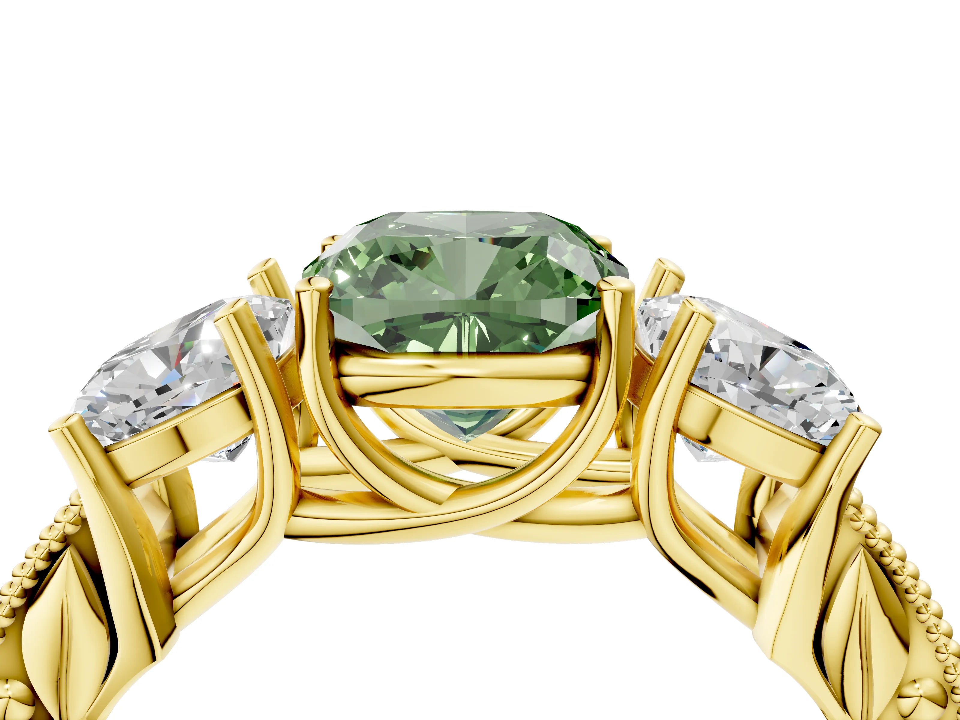Yellow gold Three-Stone Fancy Green Cushion Cut Cut Milgrain Pavé Engagement Ring_4