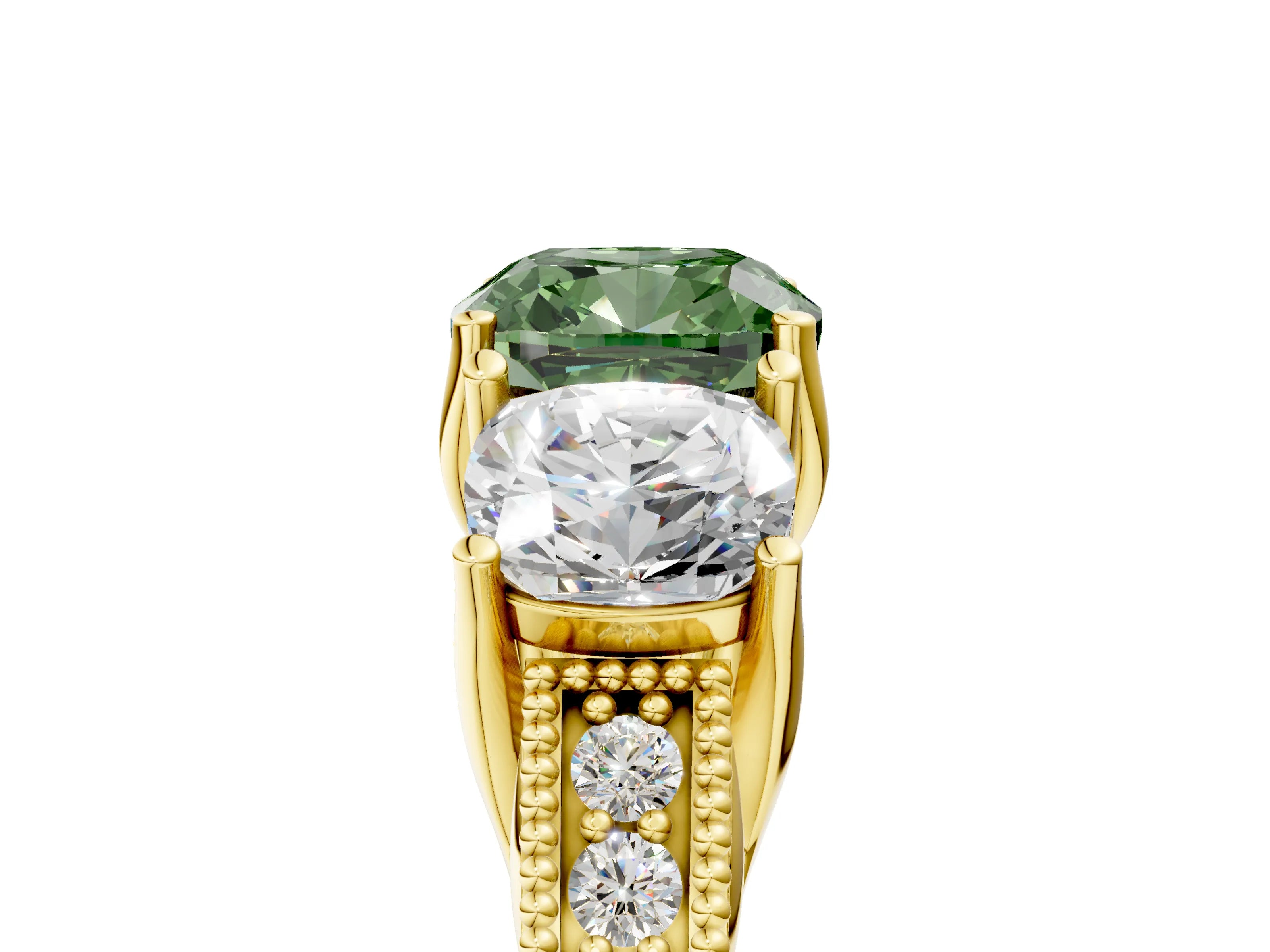 Yellow gold Three-Stone Fancy Green Cushion Cut Cut Milgrain Pavé Engagement Ring_5