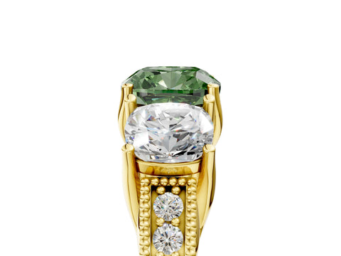 Yellow gold Three-Stone Fancy Green Cushion Cut Cut Milgrain Pavé Engagement Ring_5