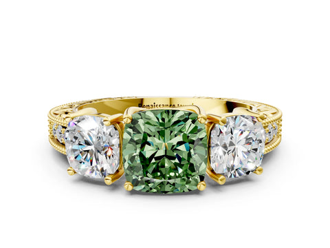 Yellow gold Three-Stone Fancy Green Cushion Cut Cut Milgrain Pavé Engagement Ring