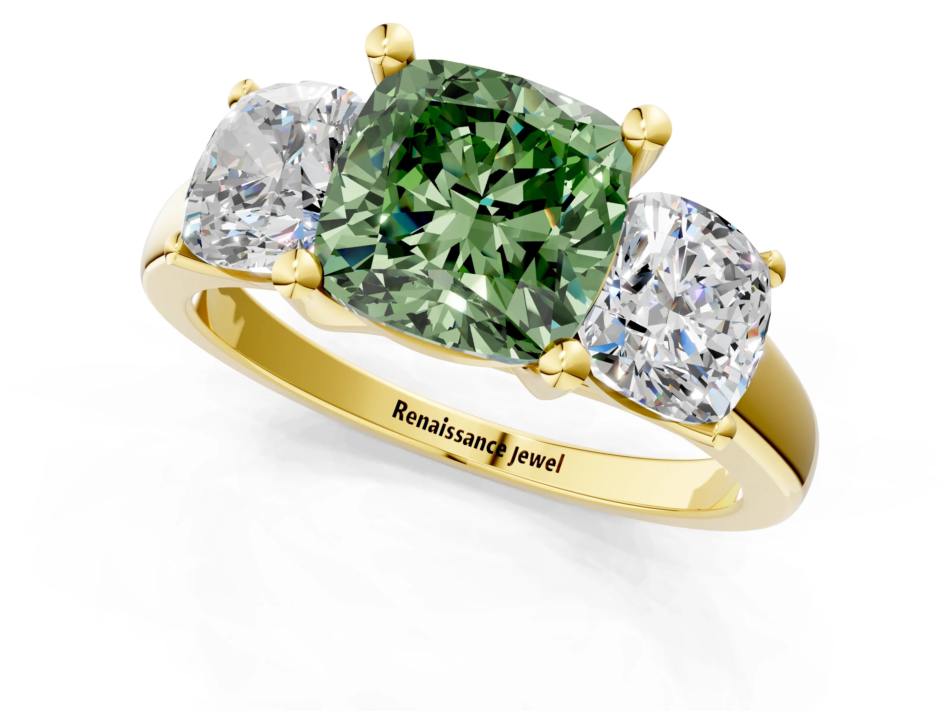 Yellow gold Three-Stone Fancy Green Cushion Cut Cut Solitaire Ring with Classic Prong Setting_1