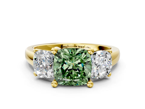 Yellow gold Three-Stone Fancy Green Cushion Cut Cut Solitaire Ring with Classic Prong Setting