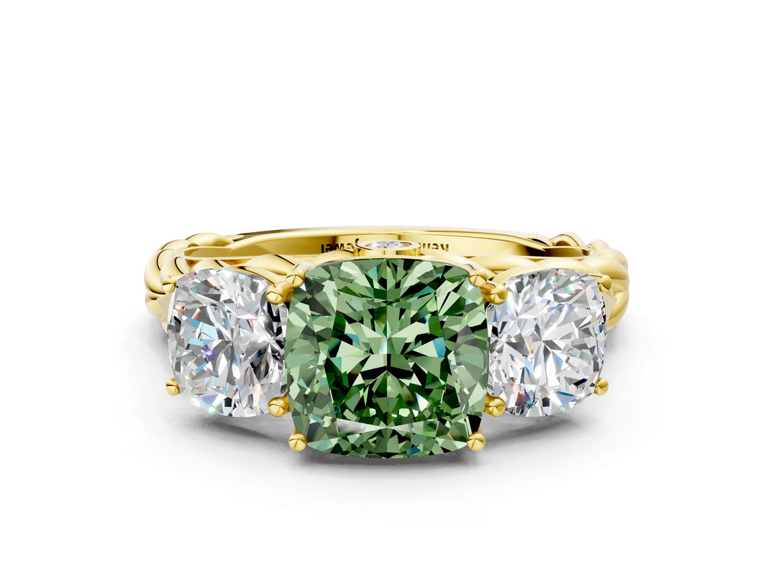 Yellow gold Three-Stone Fancy Green Cushion Cut Diamond Braided Band Ring with Four-Prong Setting_37