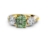 Yellow gold Three-Stone Fancy Green Cushion Cut Diamond Channel Set Engagement Ring with Prong Setting
