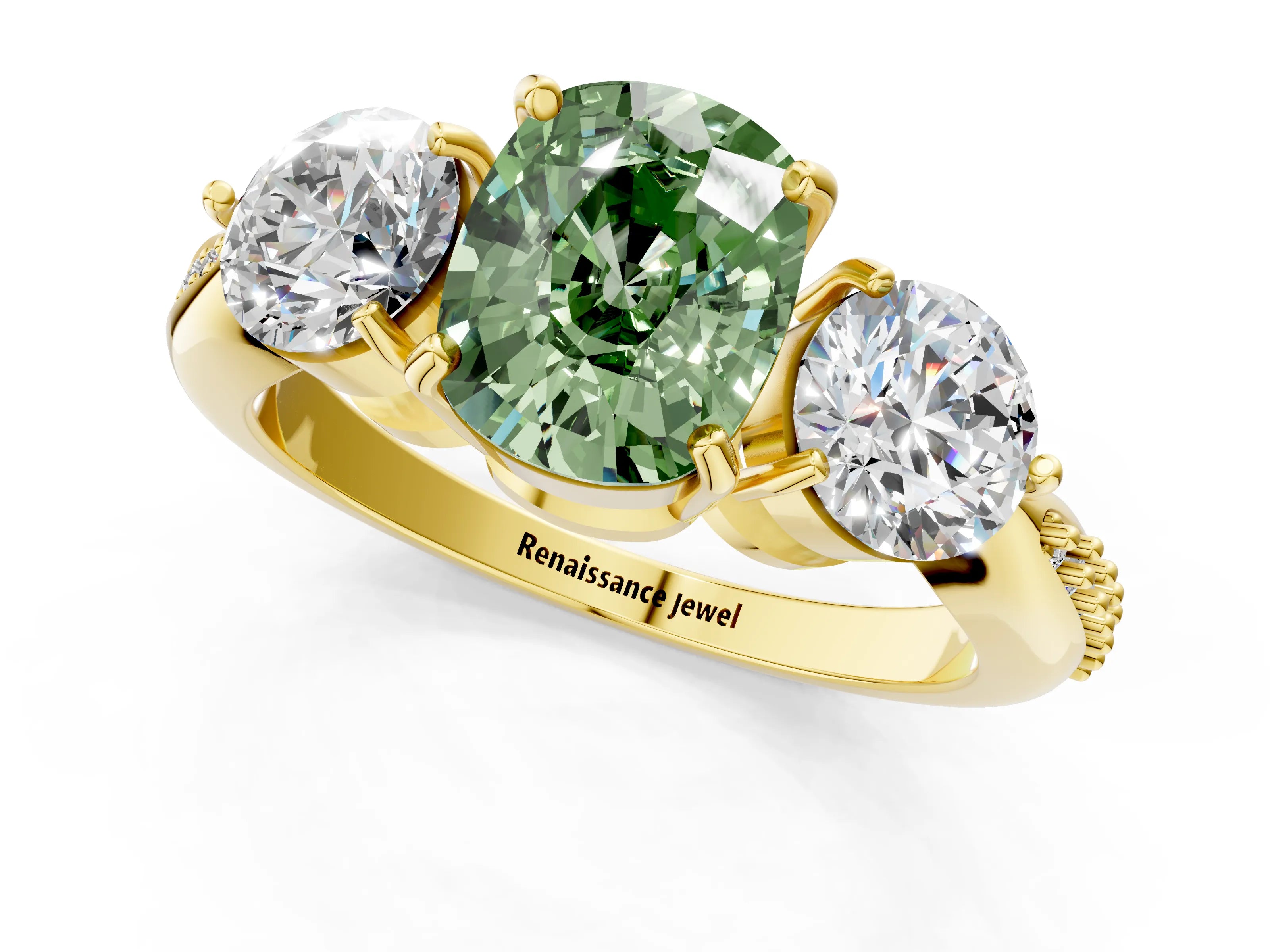 Yellow gold Three-Stone Fancy Green Cushion Cut Diamond Channel Set Engagement Ring with Prong Setting_1