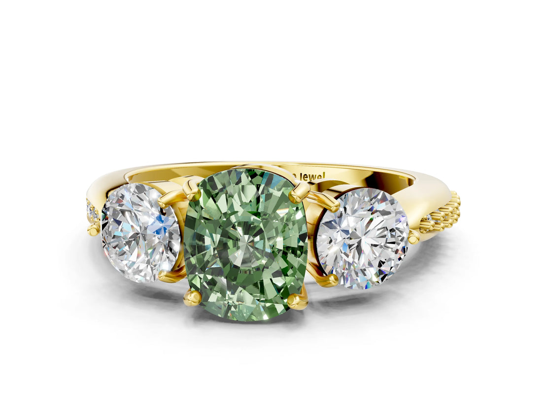 Yellow gold Three-Stone Fancy Green Cushion Cut Diamond Channel Set Engagement Ring with Prong Setting_12