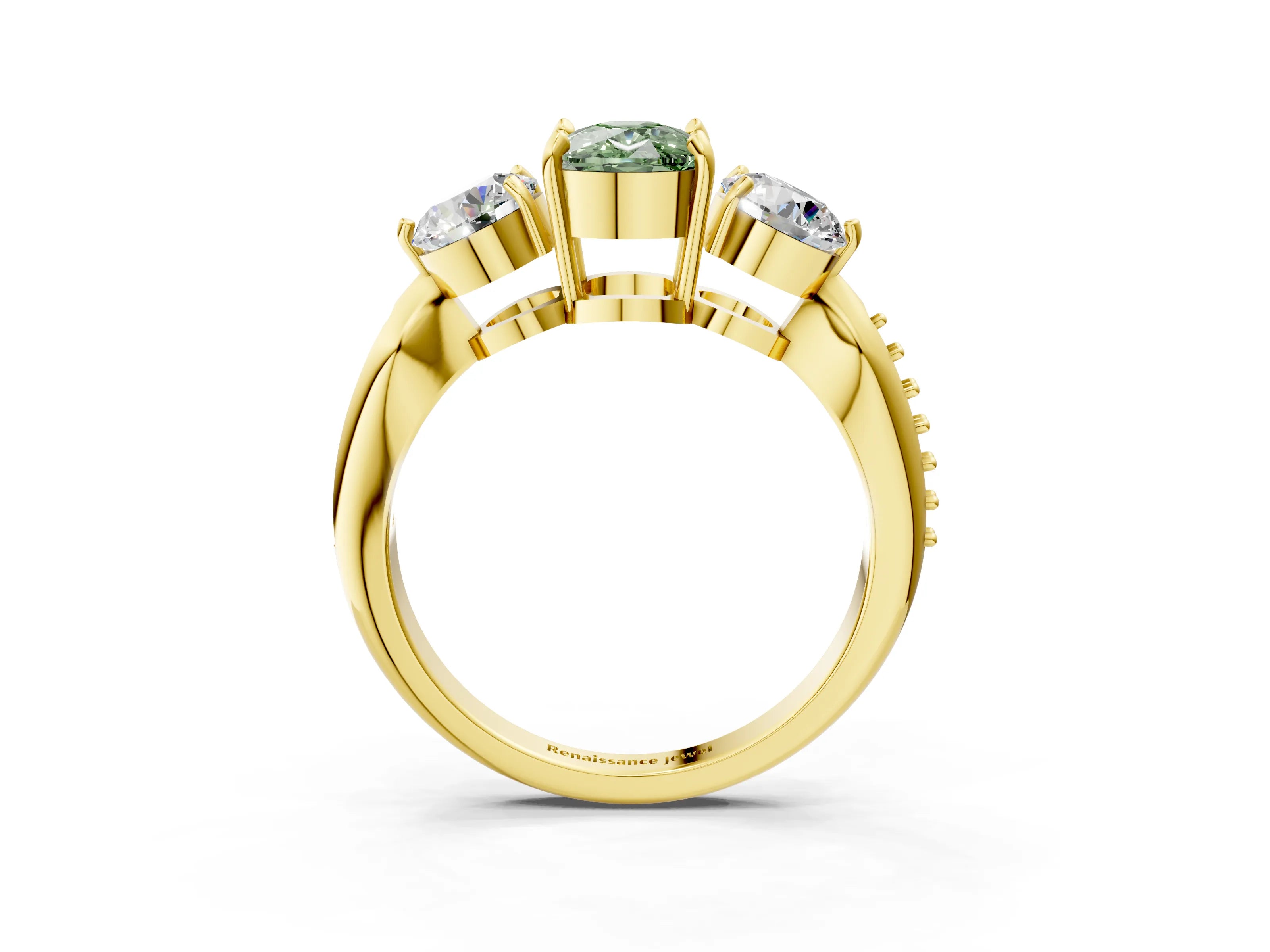 Yellow gold Three-Stone Fancy Green Cushion Cut Diamond Channel Set Engagement Ring with Prong Setting_15