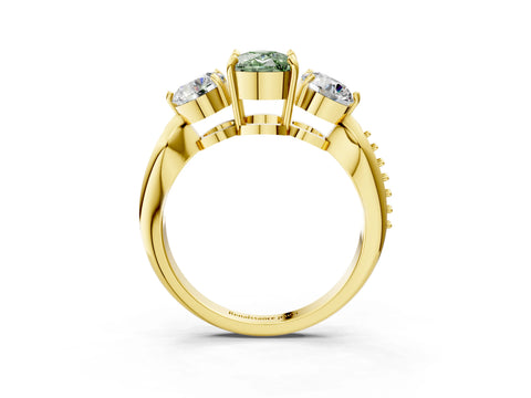 Yellow gold Three-Stone Fancy Green Cushion Cut Diamond Channel Set Engagement Ring with Prong Setting_15