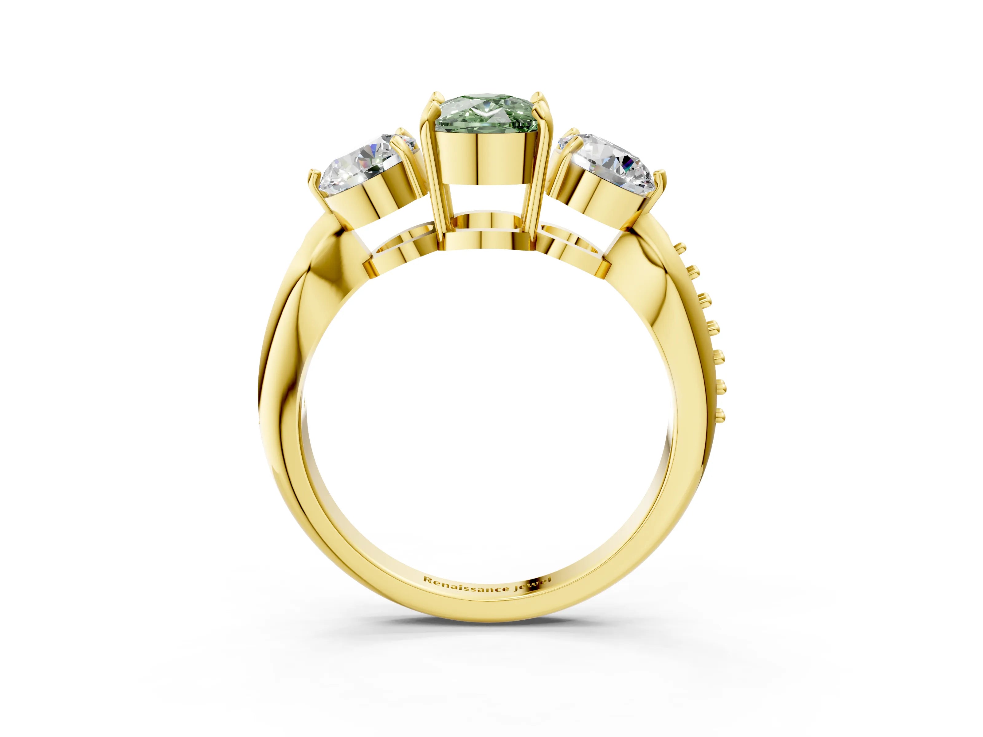 Yellow gold Three-Stone Fancy Green Cushion Cut Diamond Channel Set Engagement Ring with Prong Setting_3