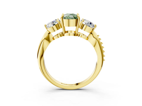 Yellow gold Three-Stone Fancy Green Cushion Cut Diamond Channel Set Engagement Ring with Prong Setting_3