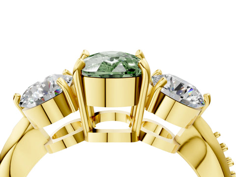Yellow gold Three-Stone Fancy Green Cushion Cut Diamond Channel Set Engagement Ring with Prong Setting_4