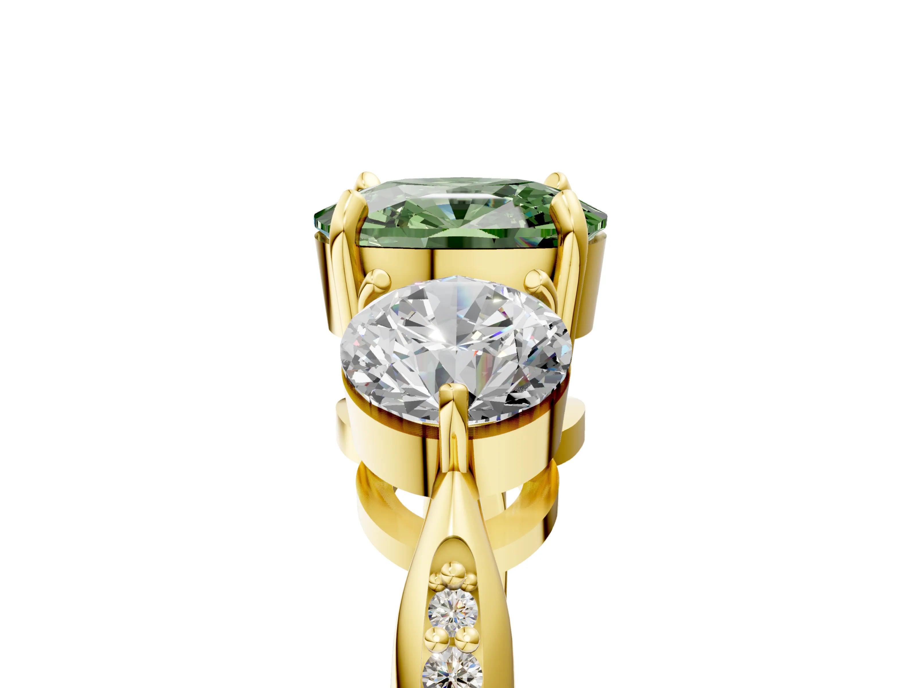 Yellow gold Three-Stone Fancy Green Cushion Cut Diamond Channel Set Engagement Ring with Prong Setting_5