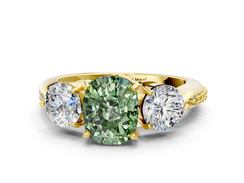 Yellow gold Three-Stone Fancy Green Cushion Cut Diamond Channel Set Engagement Ring with Prong Setting