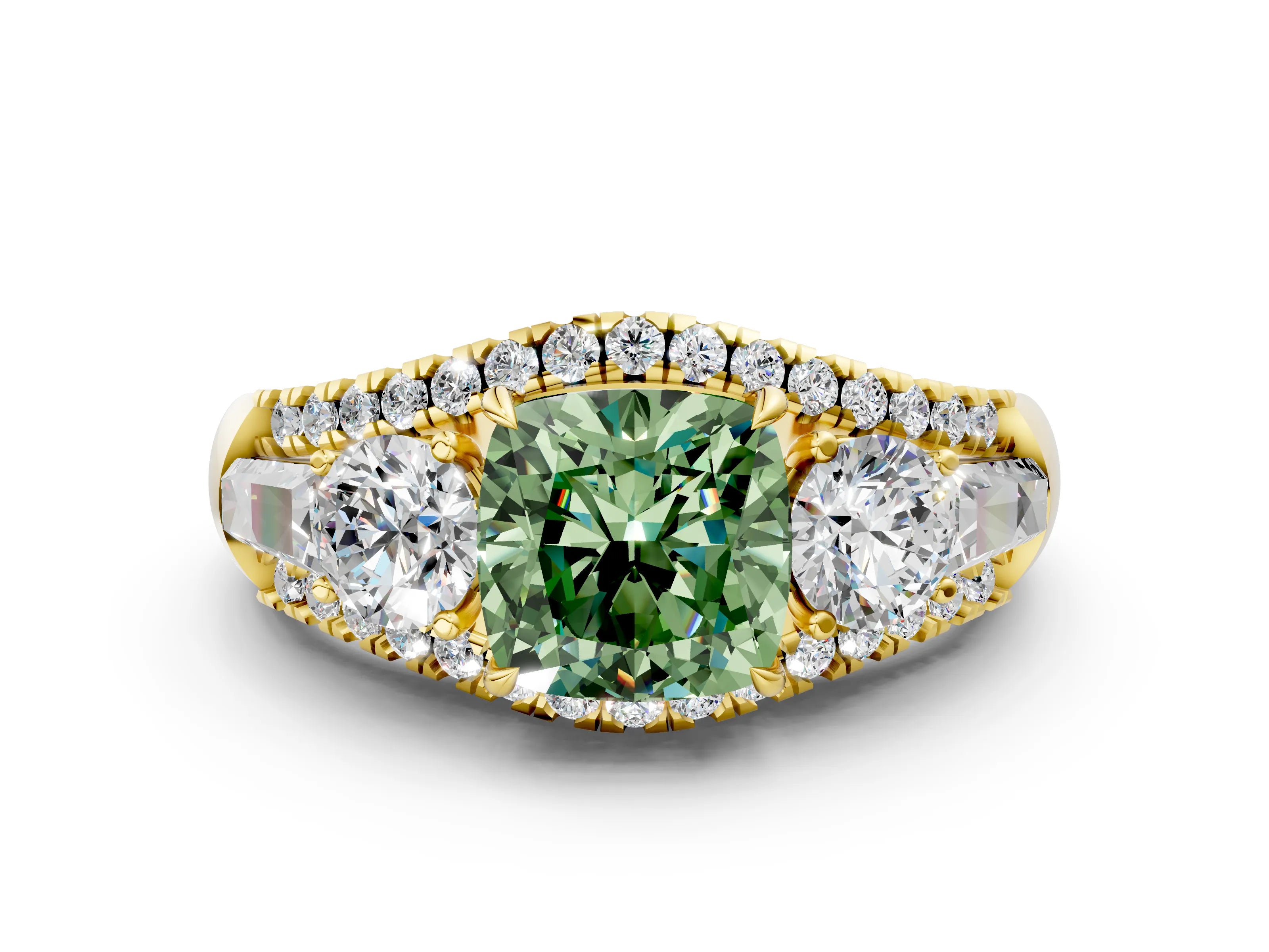 Yellow gold Three-Stone Fancy Green Cushion Cut Diamond Engagement Ring with Pave Band and Prong Setting_12