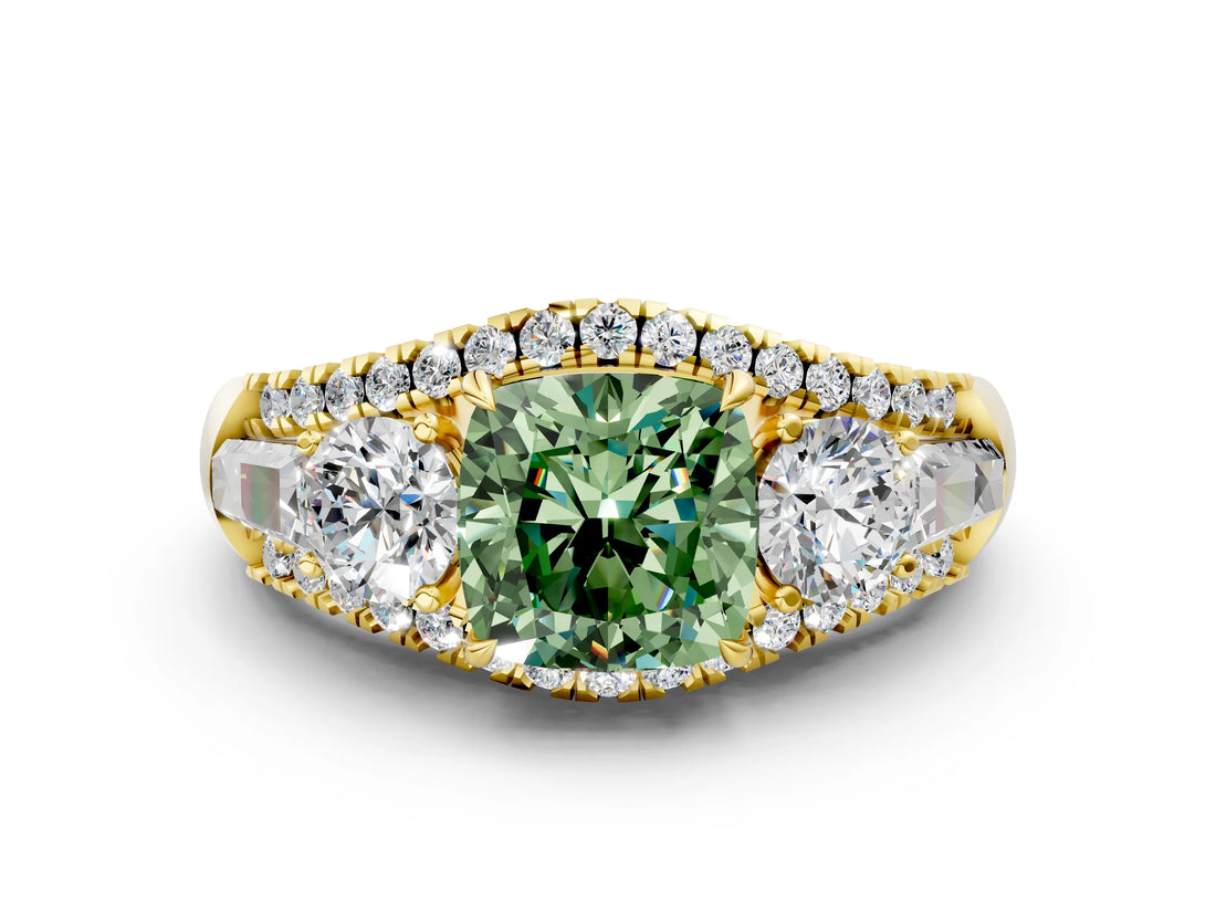 Yellow gold Three-Stone Fancy Green Cushion Cut Diamond Engagement Ring with Pave Band and Prong Setting_12