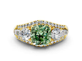 Yellow gold Three-Stone Fancy Green Cushion Cut Diamond Engagement Ring with Pave Band and Prong Setting_12