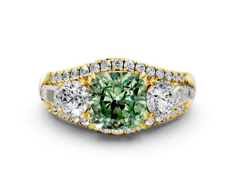 Yellow gold Three-Stone Fancy Green Cushion Cut Diamond Engagement Ring with Pave Band and Prong Setting_12