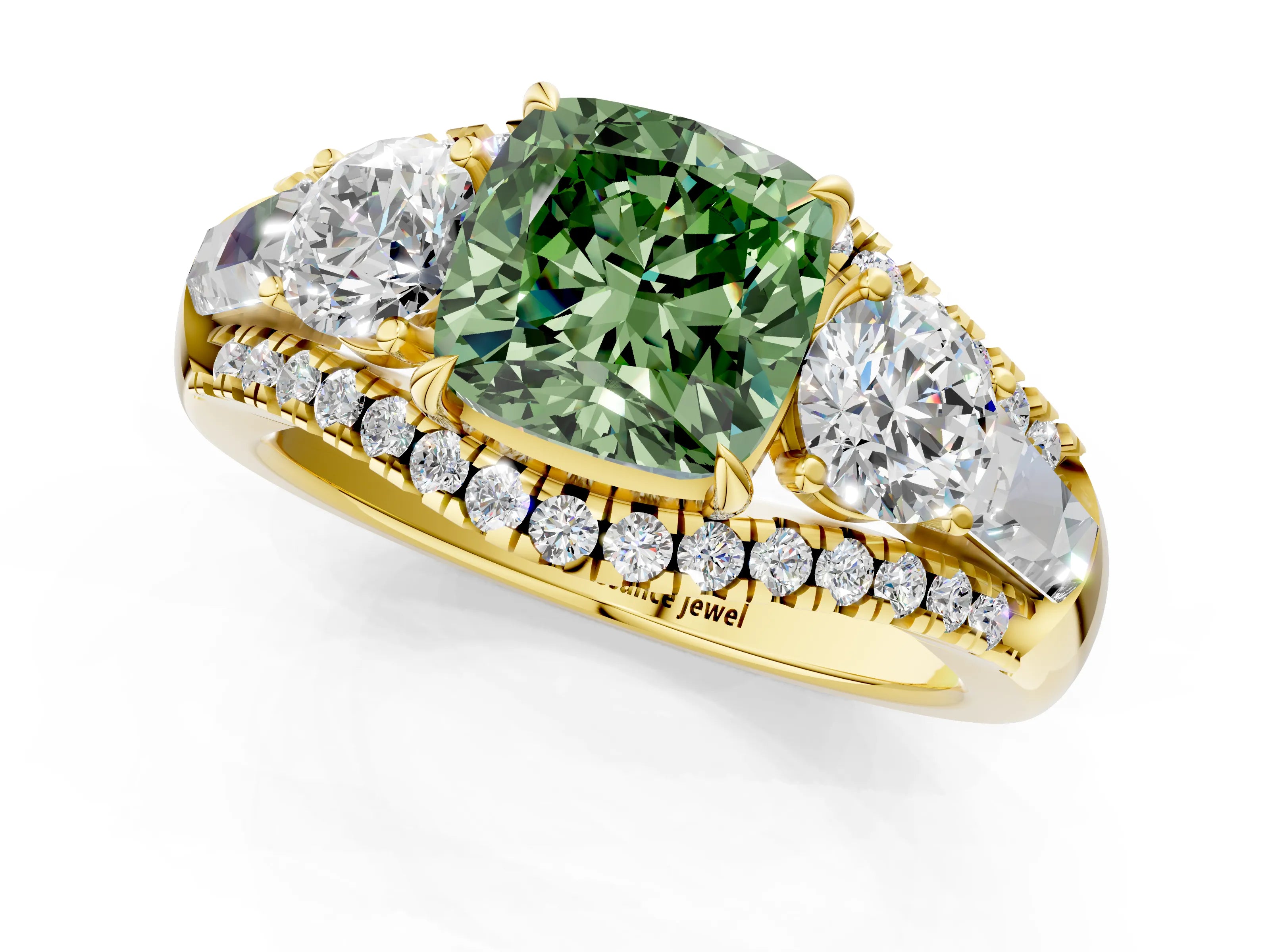 Yellow gold Three-Stone Fancy Green Cushion Cut Diamond Engagement Ring with Pave Band and Prong Setting_13