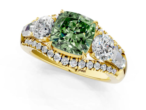 Yellow gold Three-Stone Fancy Green Cushion Cut Diamond Engagement Ring with Pave Band and Prong Setting_13