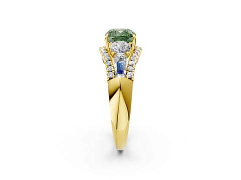 Yellow gold Three-Stone Fancy Green Cushion Cut Diamond Engagement Ring with Pave Band and Prong Setting_14