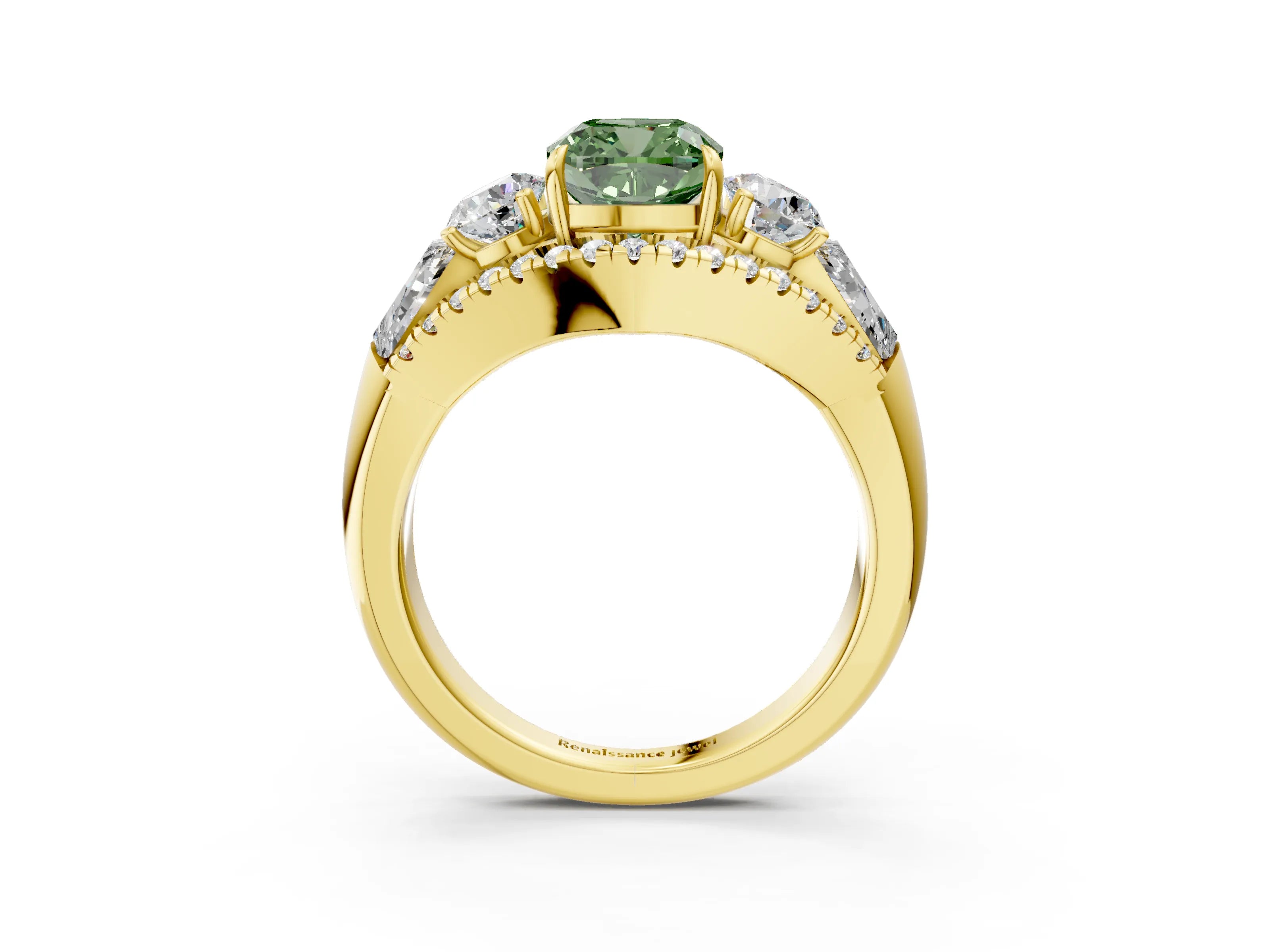 Yellow gold Three-Stone Fancy Green Cushion Cut Diamond Engagement Ring with Pave Band and Prong Setting_15