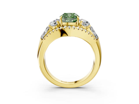 Yellow gold Three-Stone Fancy Green Cushion Cut Diamond Engagement Ring with Pave Band and Prong Setting_15