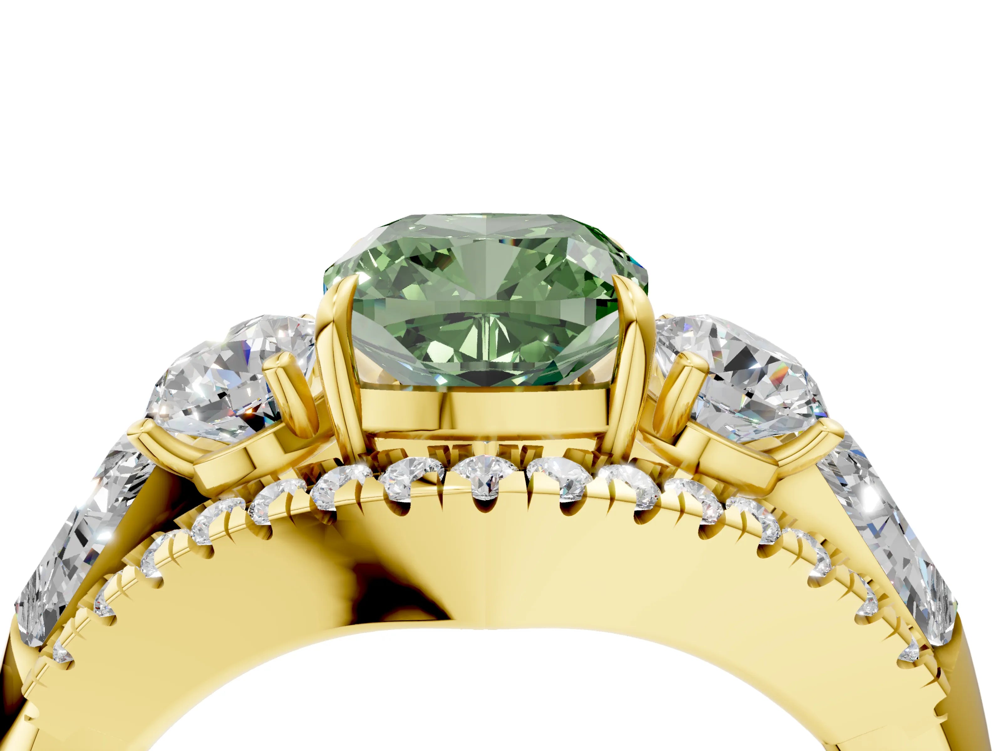 Yellow gold Three-Stone Fancy Green Cushion Cut Diamond Engagement Ring with Pave Band and Prong Setting_16