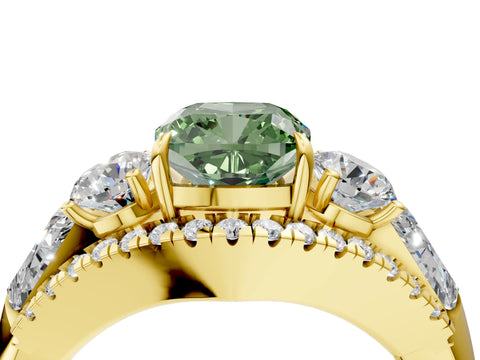 Yellow gold Three-Stone Fancy Green Cushion Cut Diamond Engagement Ring with Pave Band and Prong Setting_16