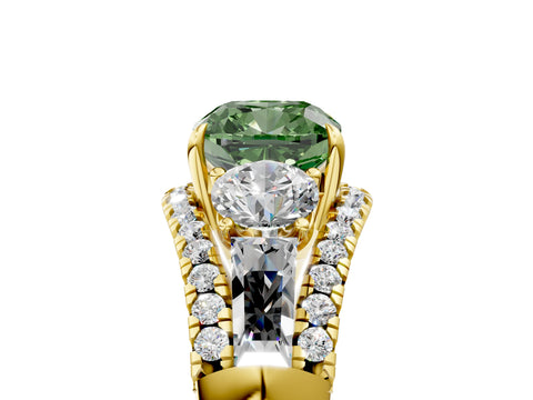 Yellow gold Three-Stone Fancy Green Cushion Cut Diamond Engagement Ring with Pave Band and Prong Setting_17