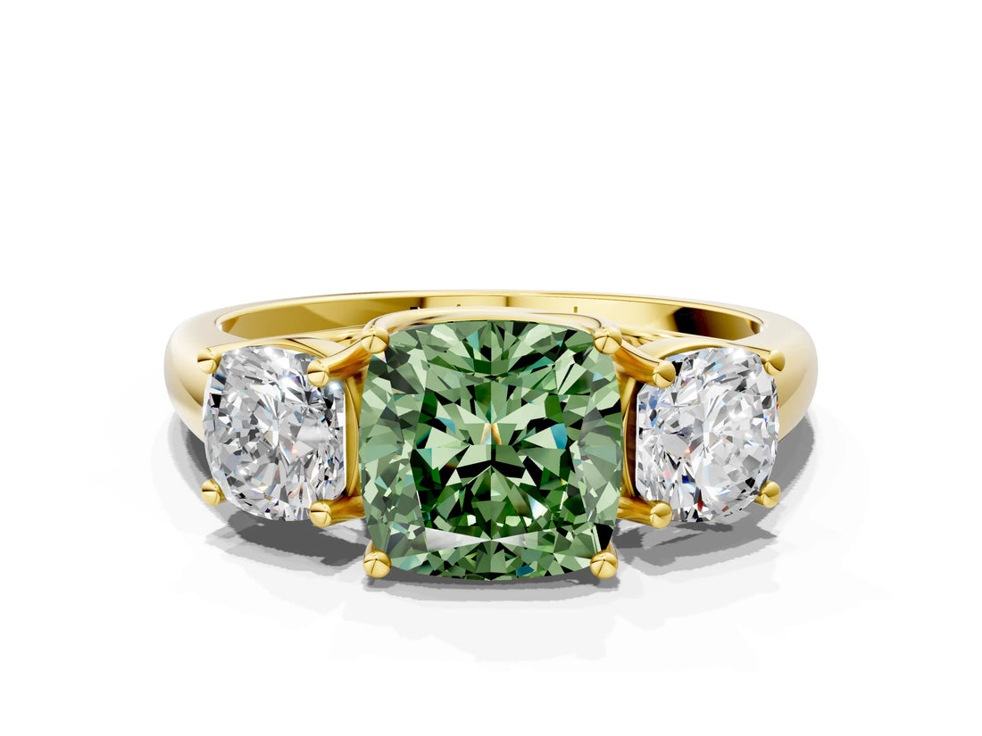 Yellow gold Three-Stone Fancy Green Cushion Cut Diamond Engagement Ring with Prong Setting_3