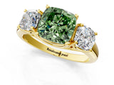 Yellow gold Three-Stone Fancy Green Cushion Cut Diamond Engagement Ring with Prong Setting_4