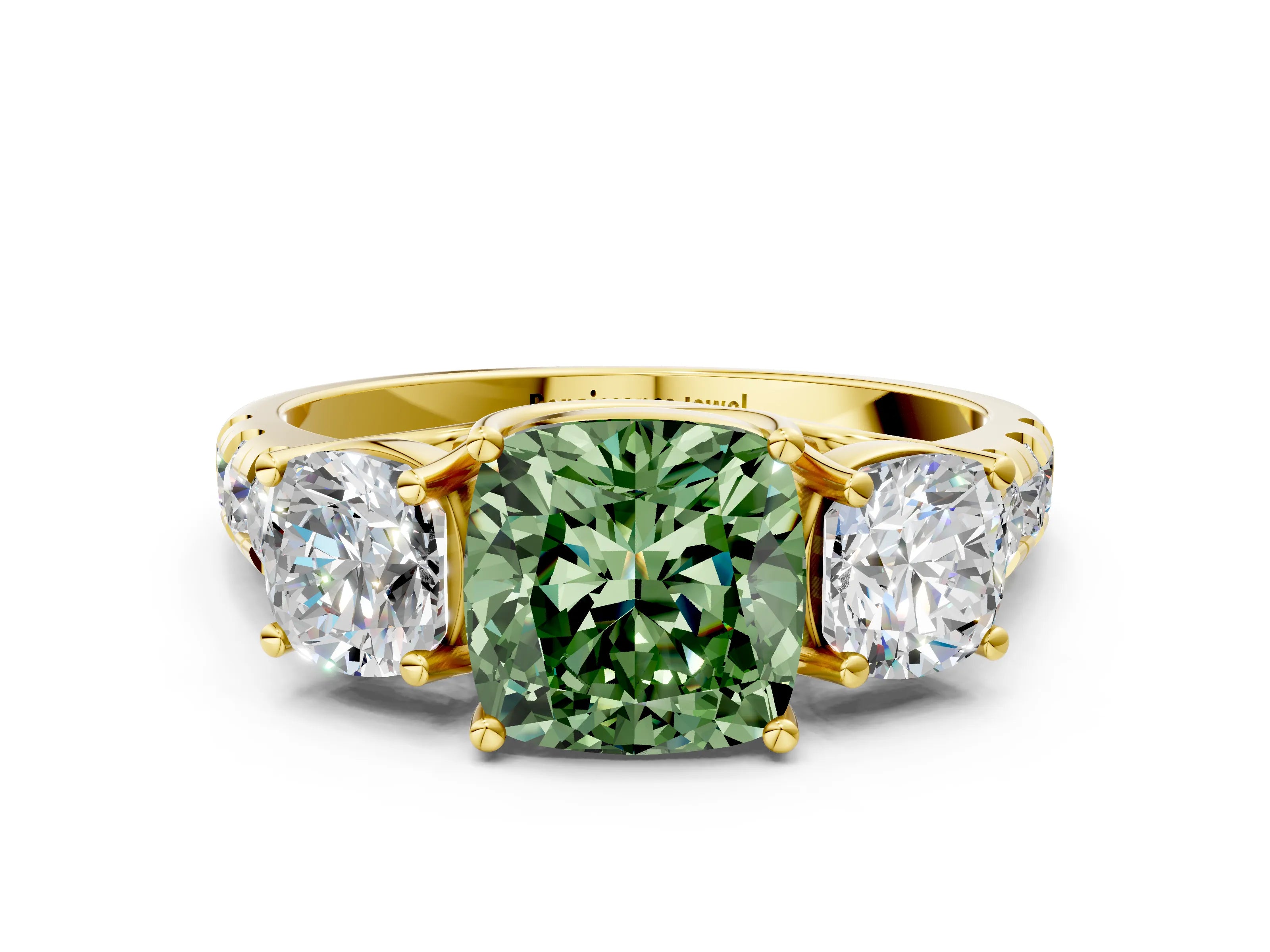 Yellow gold Three-Stone Fancy Green Cushion Cut Diamond Pavé Band with Prong Setting