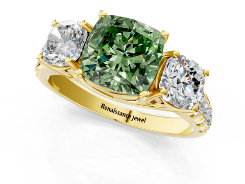 Yellow gold Three-Stone Fancy Green Cushion Cut Diamond Pavé Band with Prong Setting_1