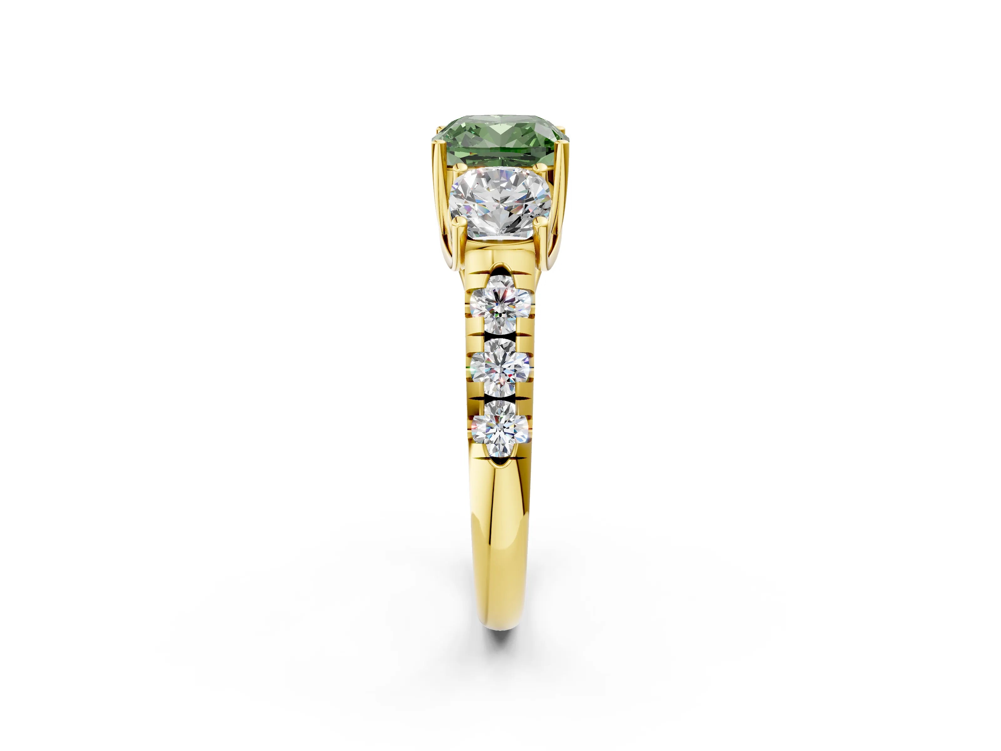 Yellow gold Three-Stone Fancy Green Cushion Cut Diamond Pavé Band with Prong Setting_2