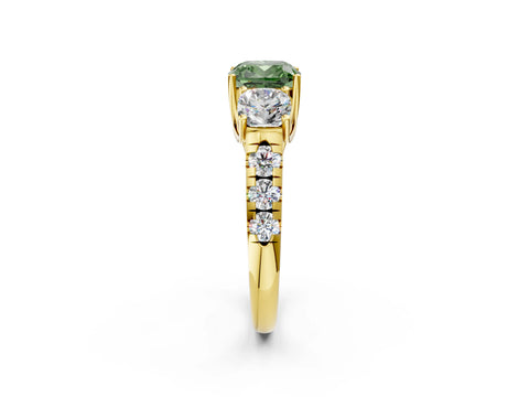 Yellow gold Three-Stone Fancy Green Cushion Cut Diamond Pavé Band with Prong Setting_2