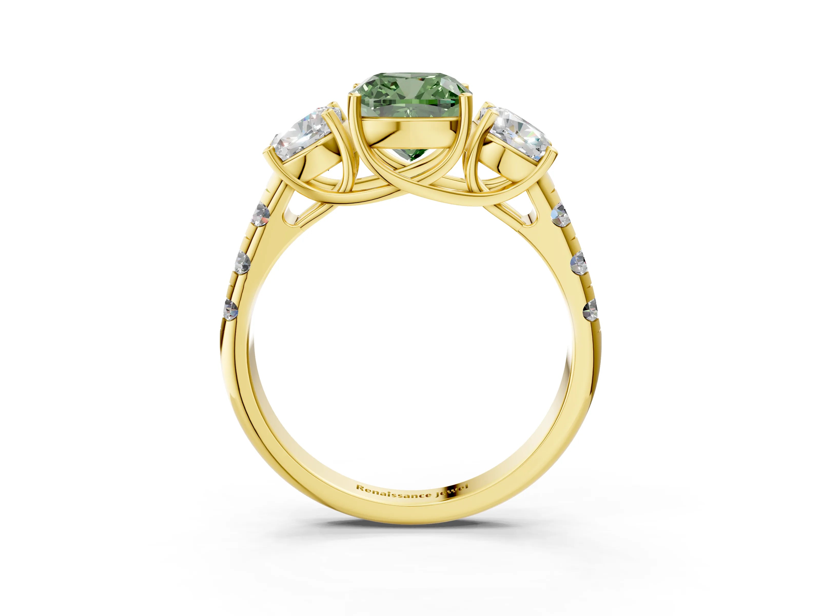 Yellow gold Three-Stone Fancy Green Cushion Cut Diamond Pavé Band with Prong Setting_3