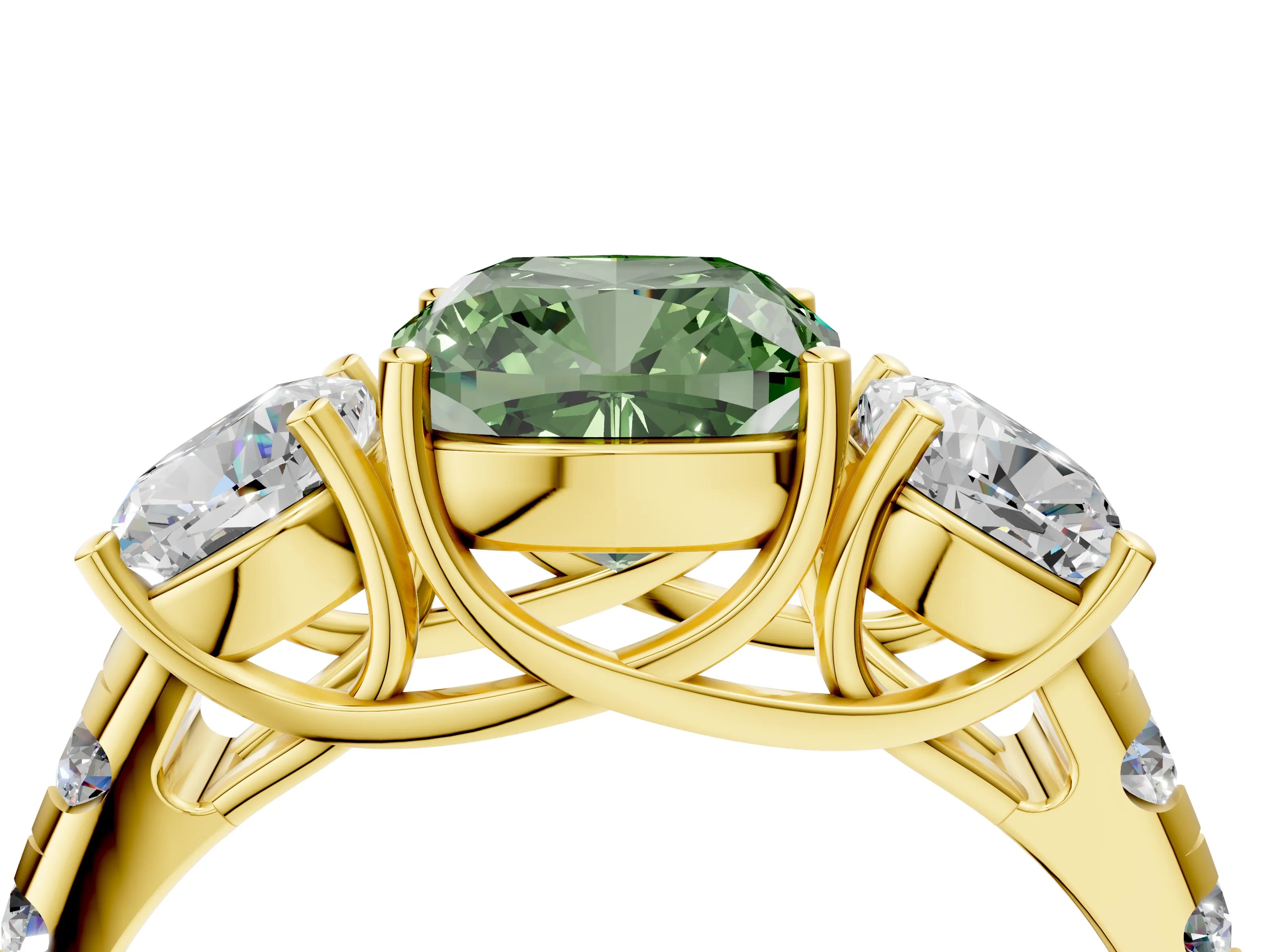 Yellow gold Three-Stone Fancy Green Cushion Cut Diamond Pavé Band with Prong Setting_4