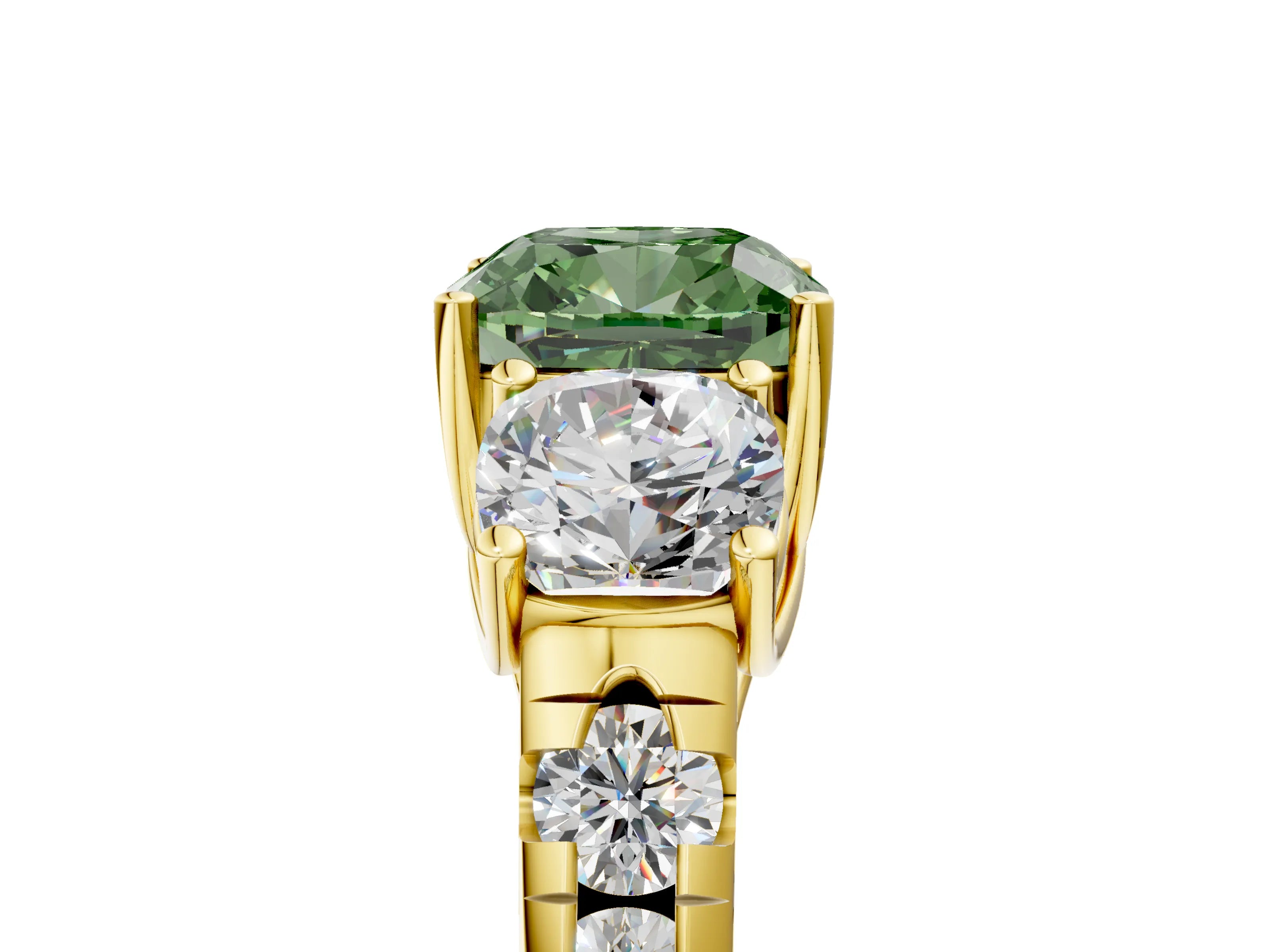 Yellow gold Three-Stone Fancy Green Cushion Cut Diamond Pavé Band with Prong Setting_5