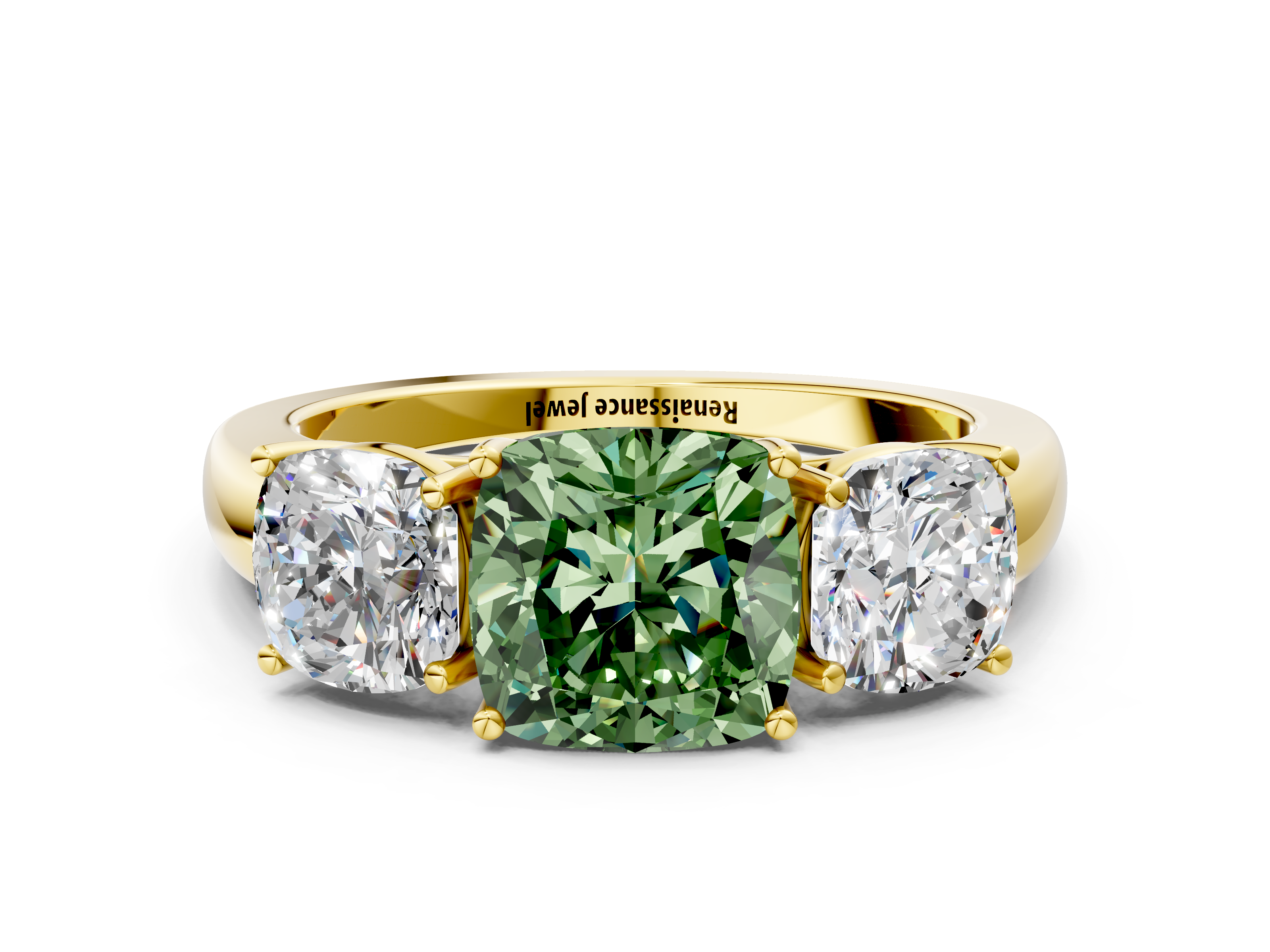 Yellow gold Three-Stone Fancy Green Cushion  Cut Diamond Ring with Channel-Set Band and Four-Prong Setting_47