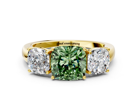 Yellow gold Three-Stone Fancy Green Cushion  Cut Diamond Ring with Channel-Set Band and Four-Prong Setting_47
