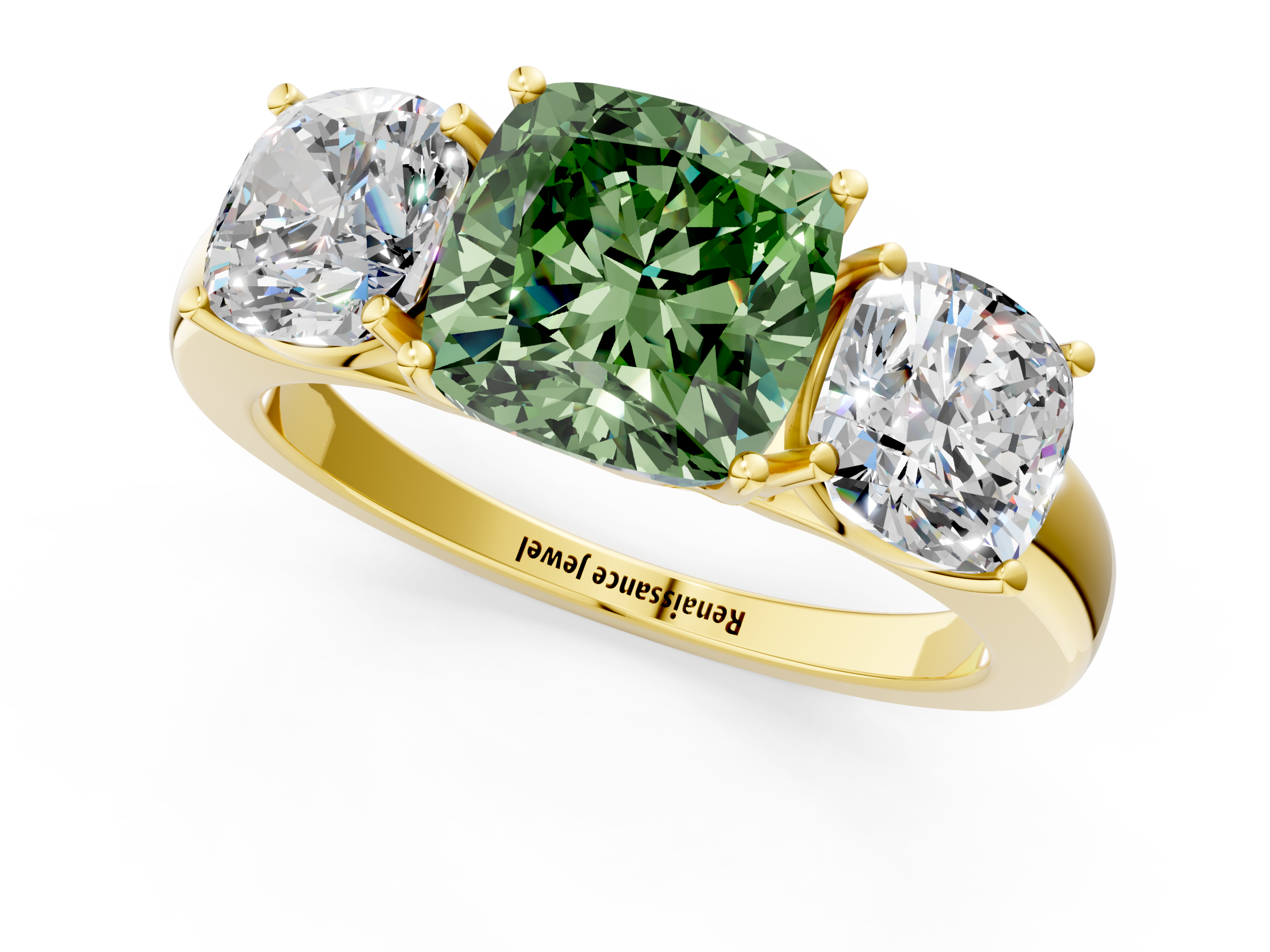 Yellow gold Three-Stone Fancy Green Cushion  Cut Diamond Ring with Channel-Set Band and Four-Prong Setting_48