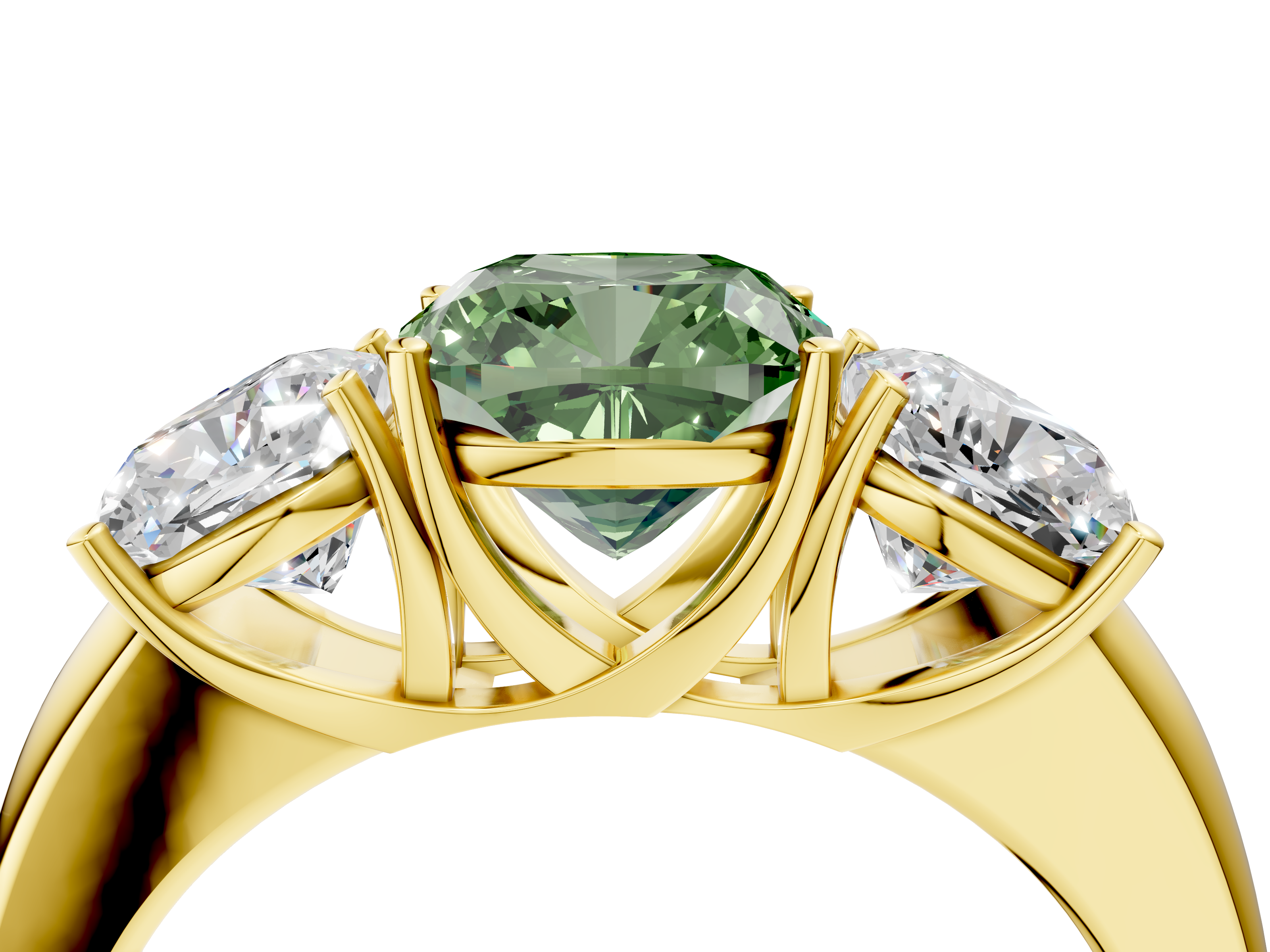 Yellow gold Three-Stone Fancy Green Cushion  Cut Diamond Ring with Channel-Set Band and Four-Prong Setting_51