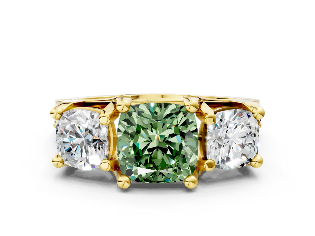 Yellow gold Three-Stone Fancy Green Cushion  Cut Diamond Ring with Channel-Set Band and Four-Prong Setting_52